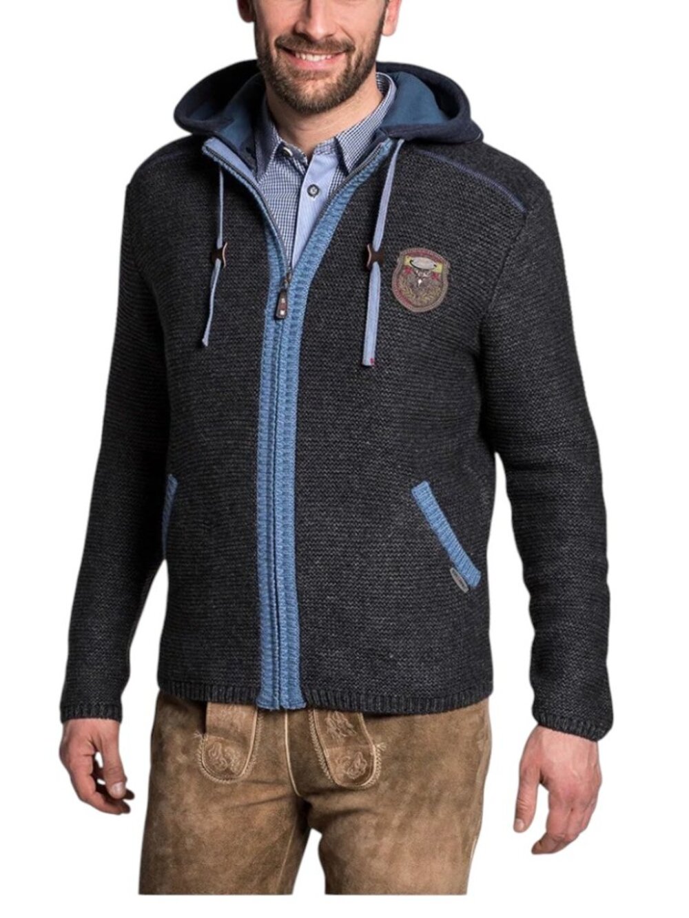 Spieth & Wensky Men's Bavarian Alpine Hooded Zip Cardigan, Gray Blue, M